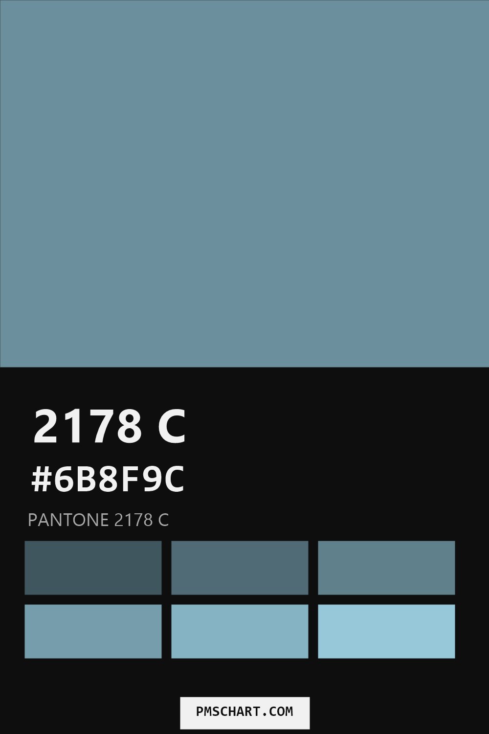 Pantone 2178 C color reference card (HEX #6B8F9C) with six nearest Pantone matches