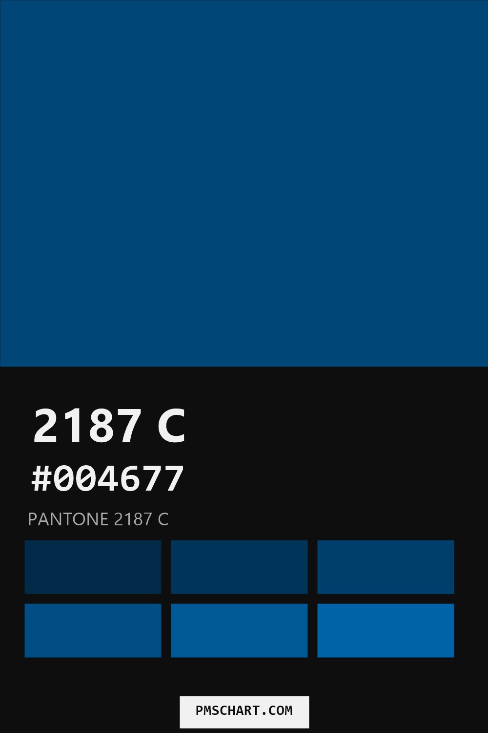 Pantone 2187 C color reference card (HEX #004677) with six nearest Pantone matches