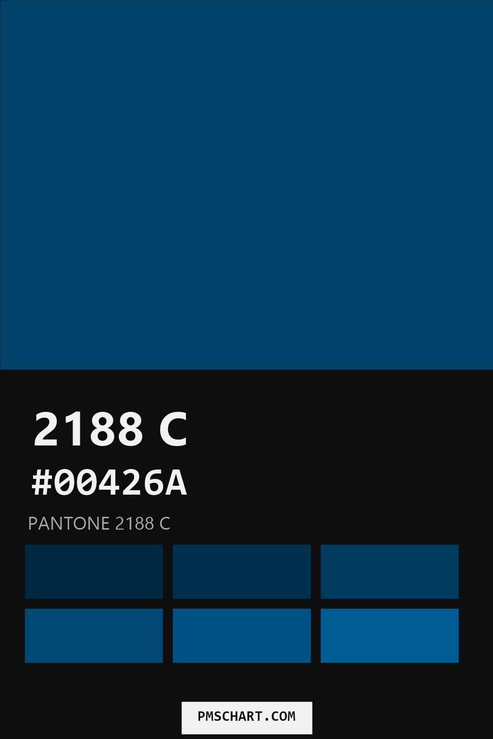 Pantone 2188 C color reference card (HEX #00426A) with six nearest Pantone matches