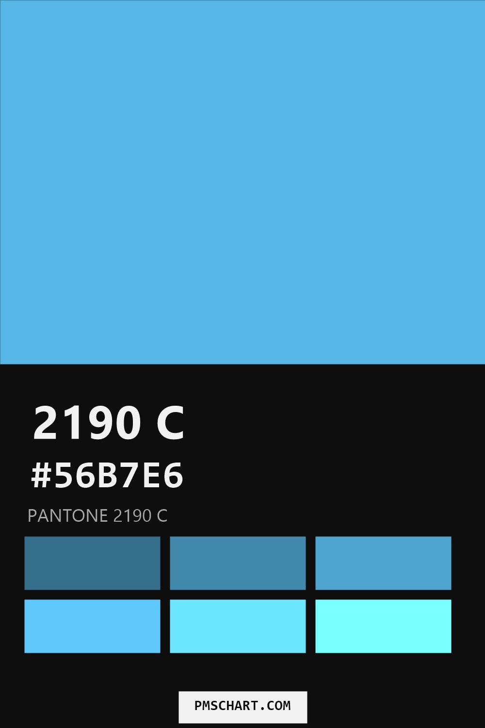 Pantone 2190 C color reference card (HEX #56B7E6) with six nearest Pantone matches