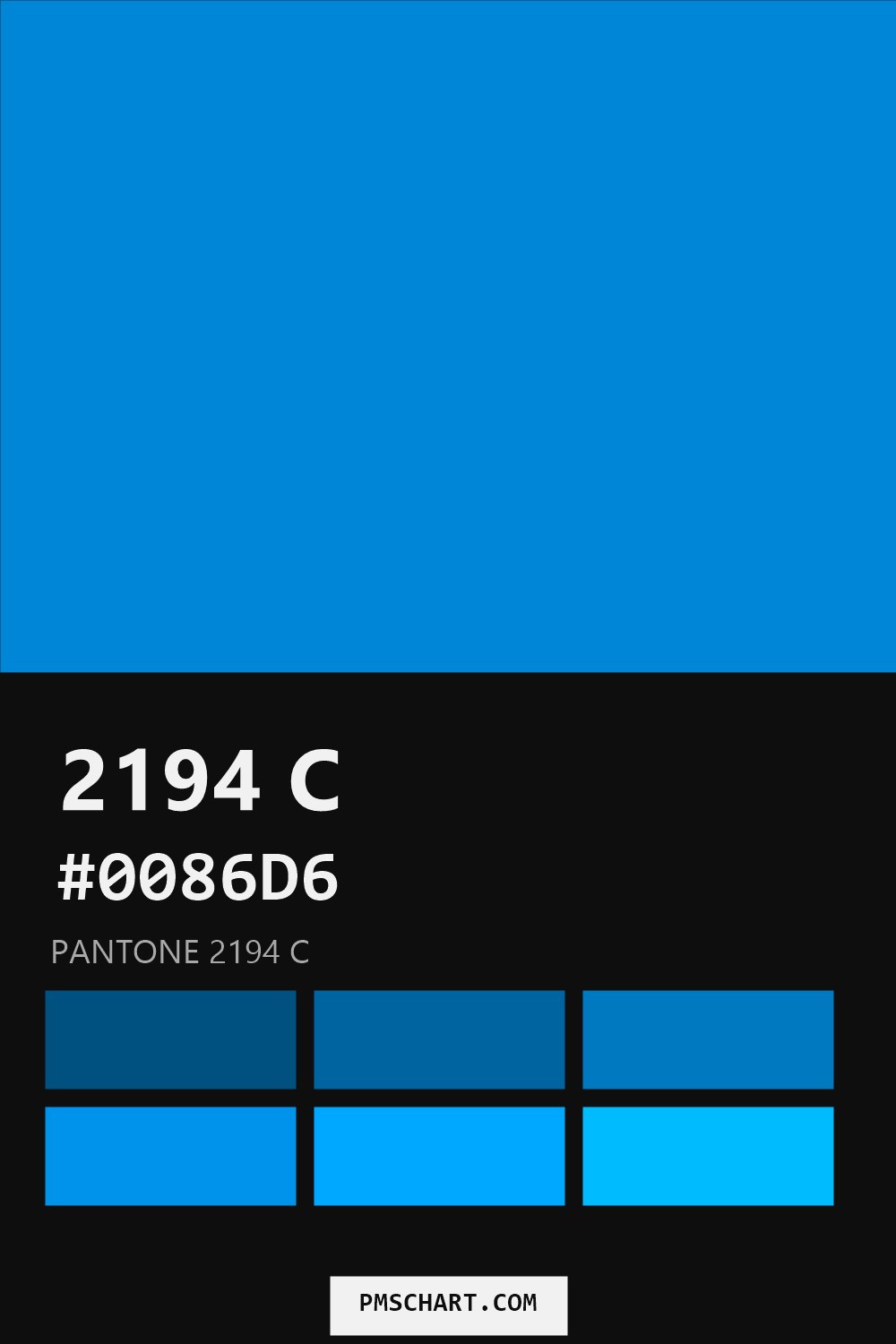 Pantone 2194 C color reference card (HEX #0086D6) with six nearest Pantone matches