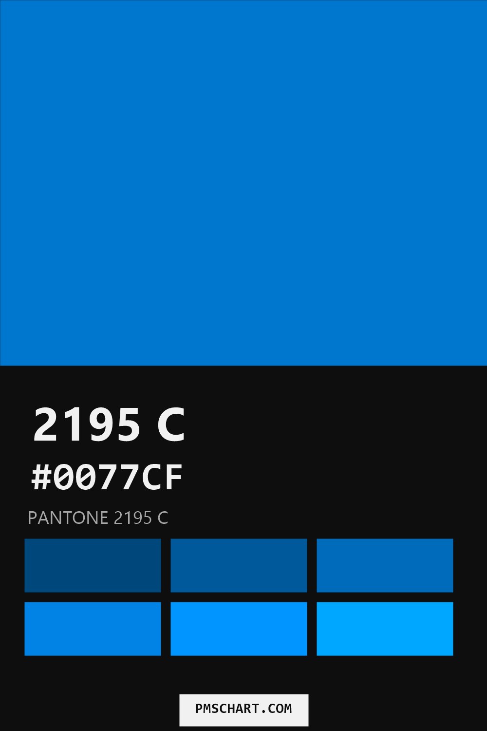 Pantone 2195 C color reference card (HEX #0077CF) with six nearest Pantone matches