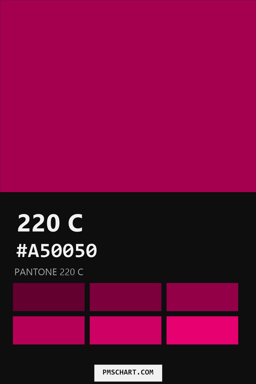 Pantone 220 C color reference card (HEX #A50050) with six nearest Pantone matches