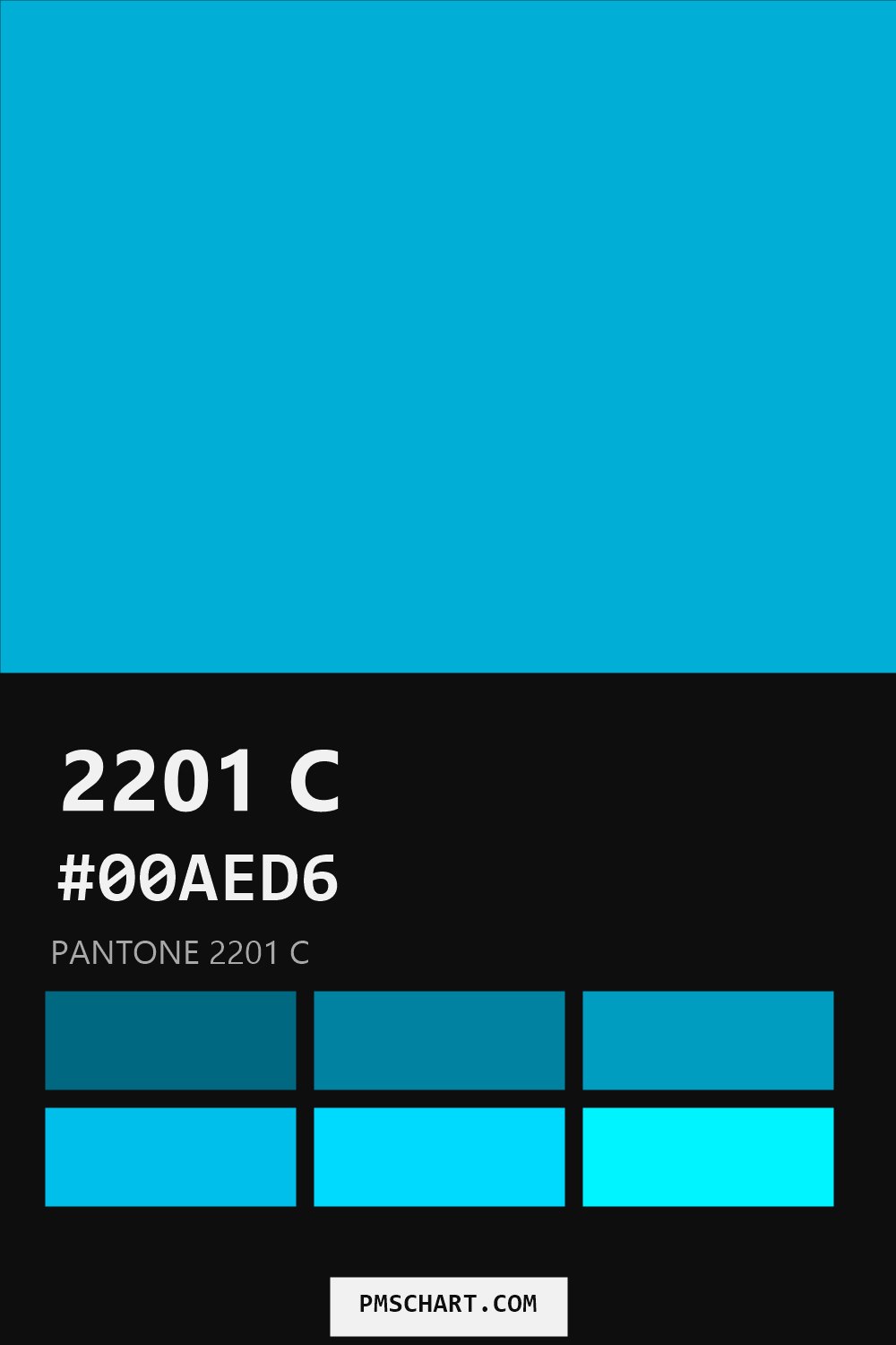 Pantone 2201 C color reference card (HEX #00AED6) with six nearest Pantone matches