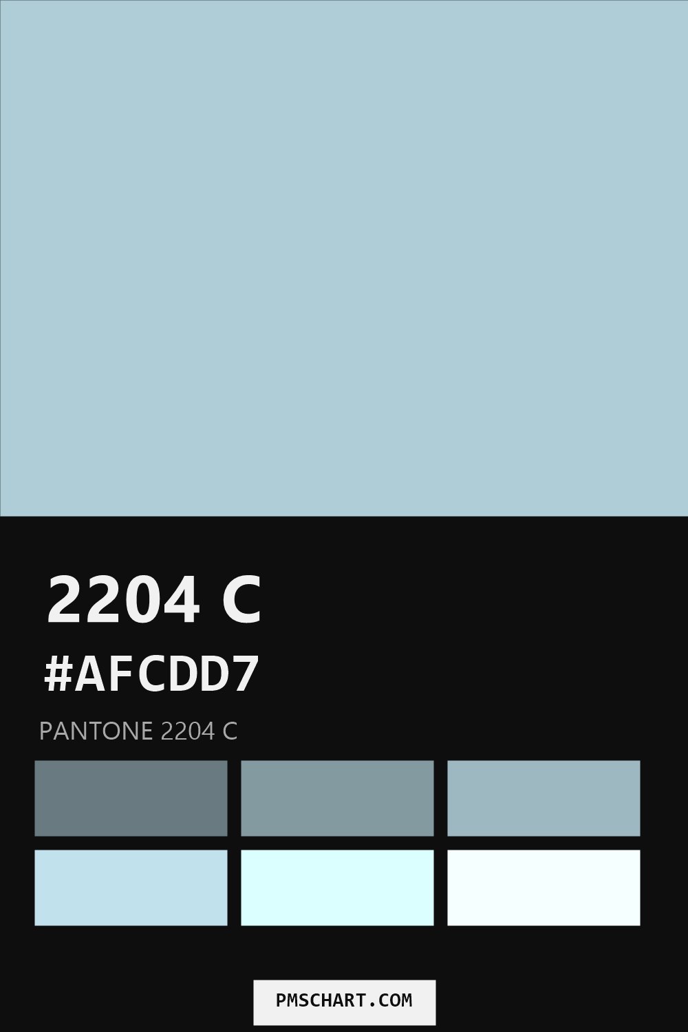 Pantone 2204 C color reference card (HEX #AFCDD7) with six nearest Pantone matches
