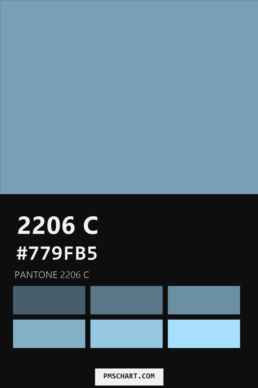 Pantone 2206 C color reference card (HEX #779FB5) with six nearest Pantone matches