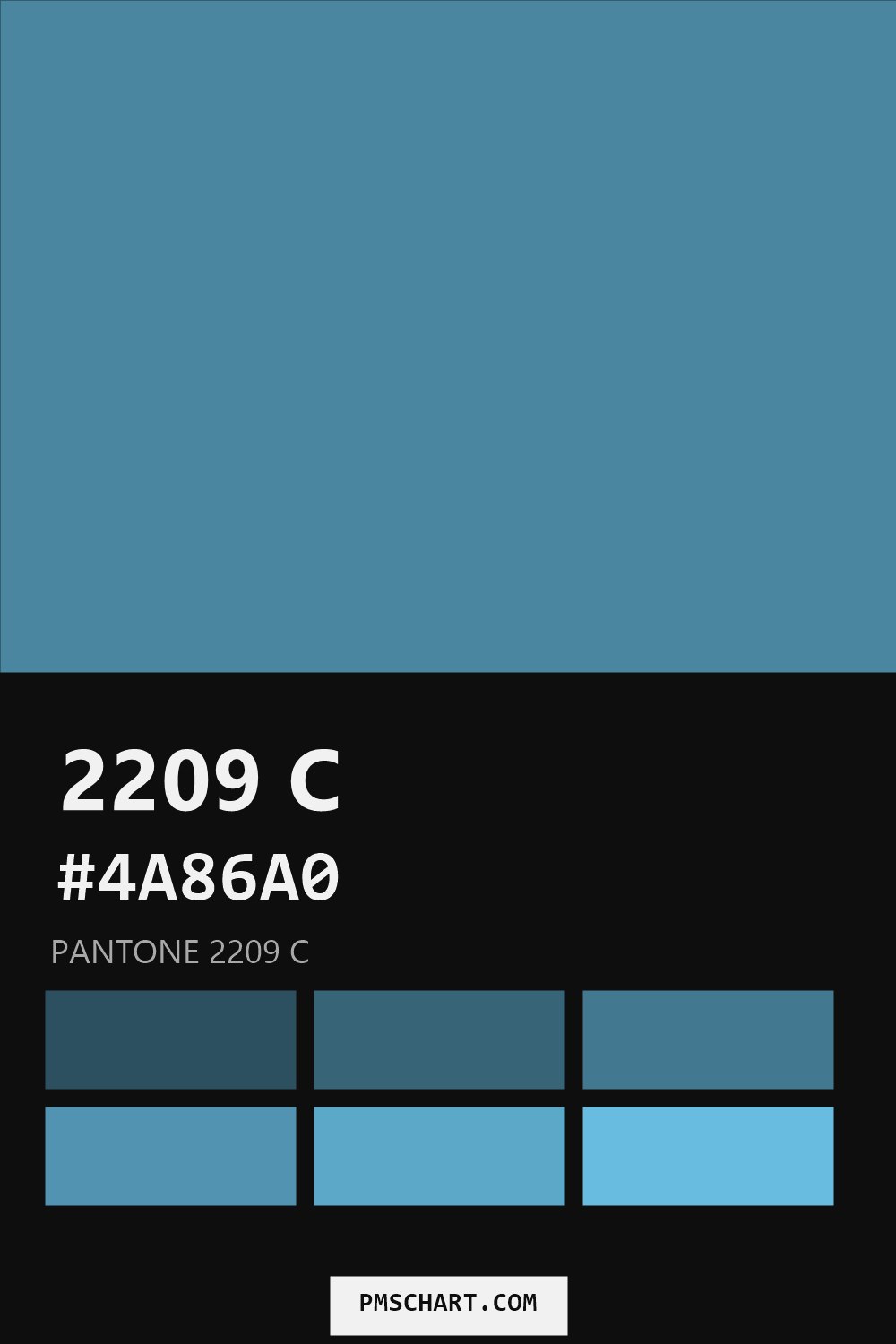 Pantone 2209 C color reference card (HEX #4A86A0) with six nearest Pantone matches