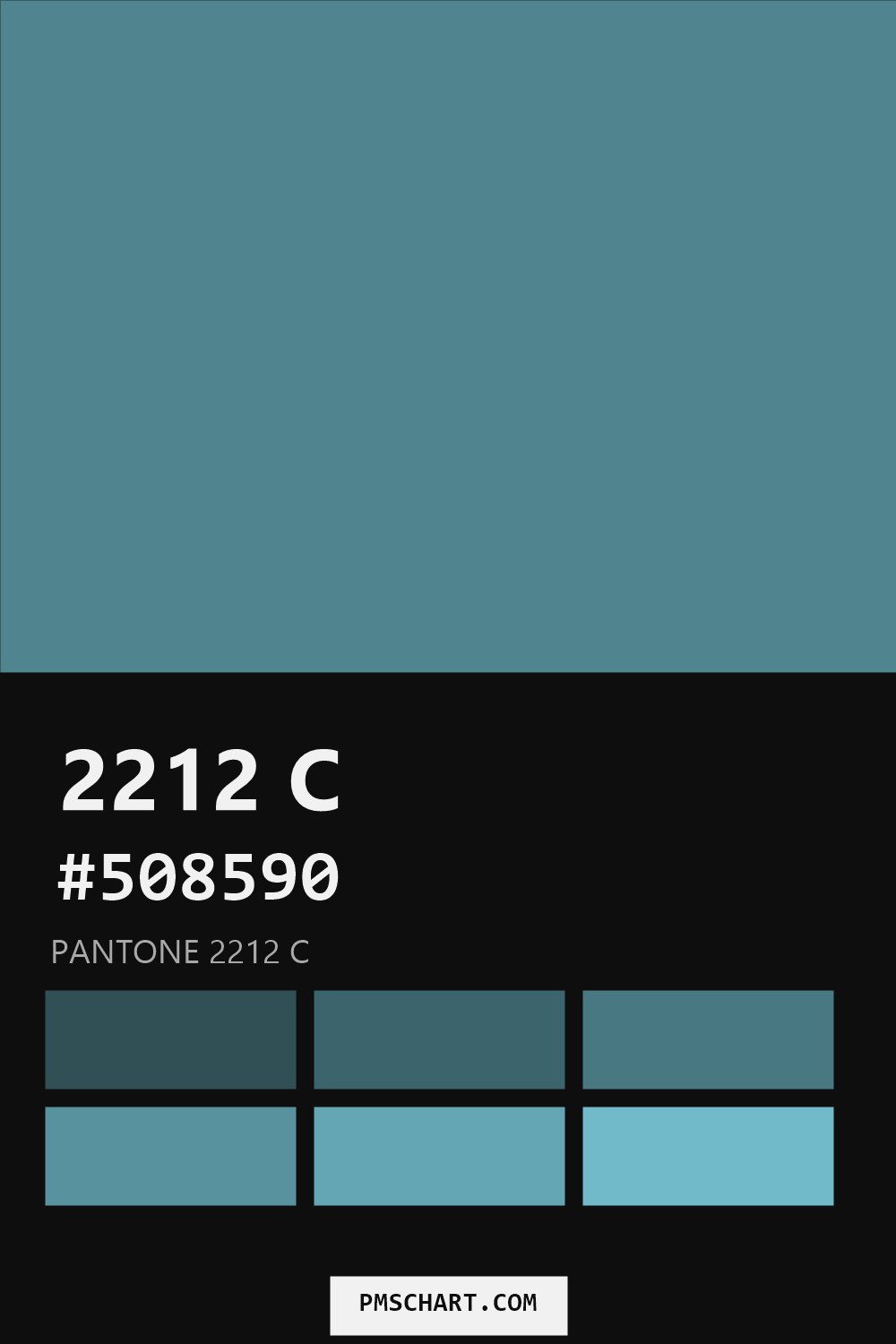 Pantone 2212 C color reference card (HEX #508590) with six nearest Pantone matches