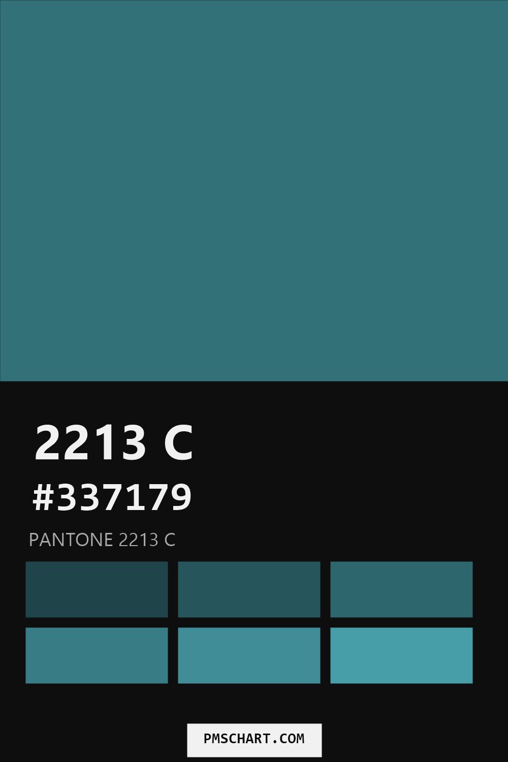 Pantone 2213 C color reference card (HEX #337179) with six nearest Pantone matches
