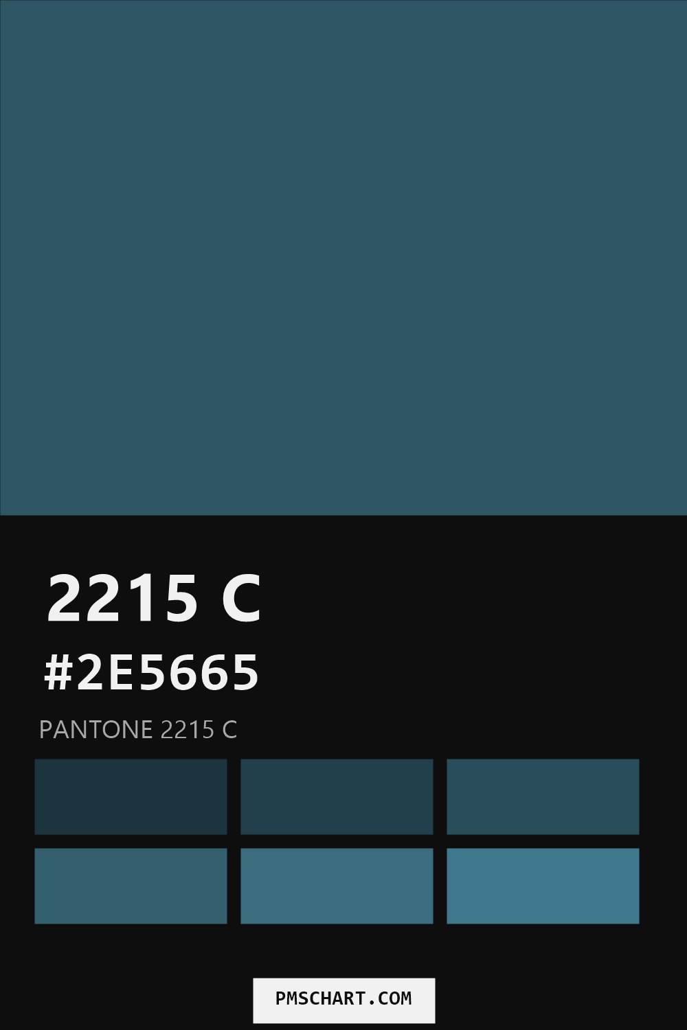 Pantone 2215 C color reference card (HEX #2E5665) with six nearest Pantone matches