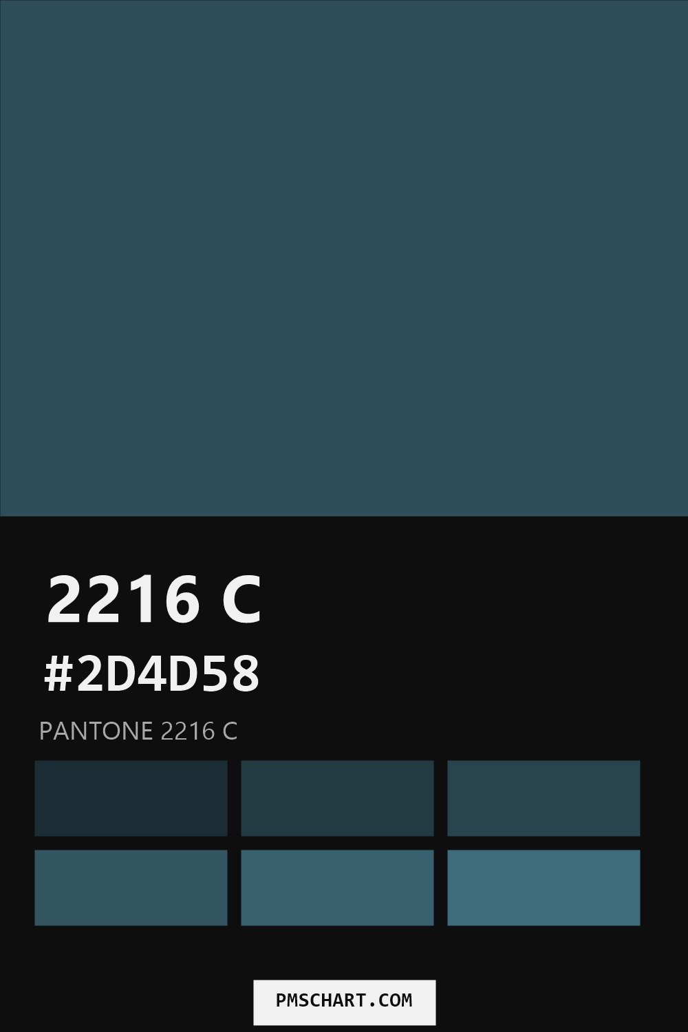 Pantone 2216 C color reference card (HEX #2D4D58) with six nearest Pantone matches