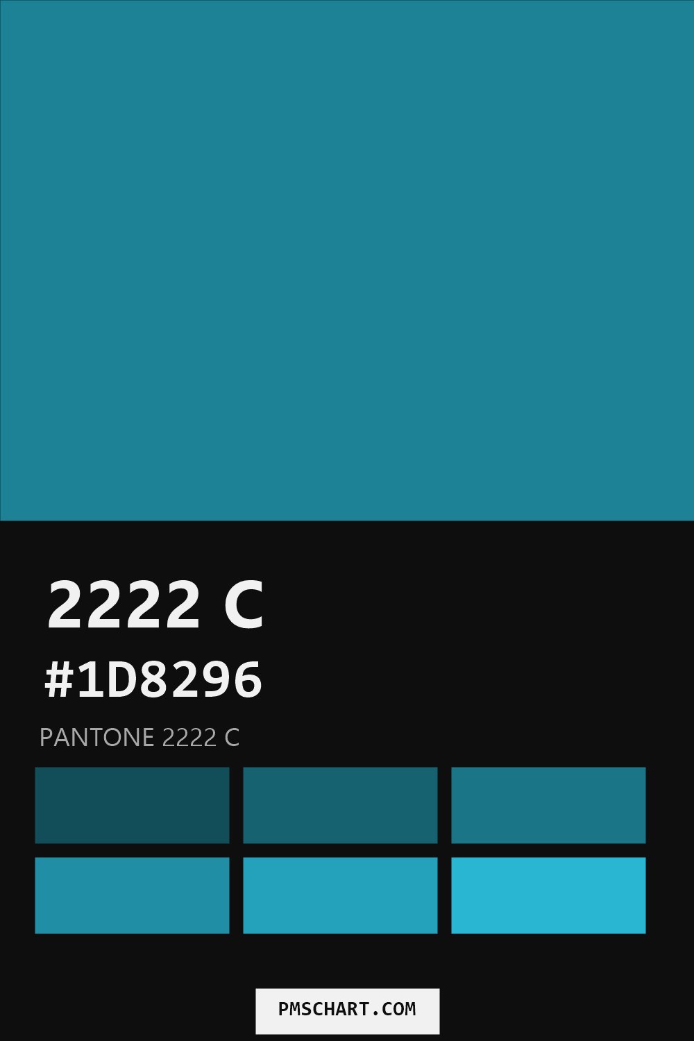 Pantone 2222 C color reference card (HEX #1D8296) with six nearest Pantone matches