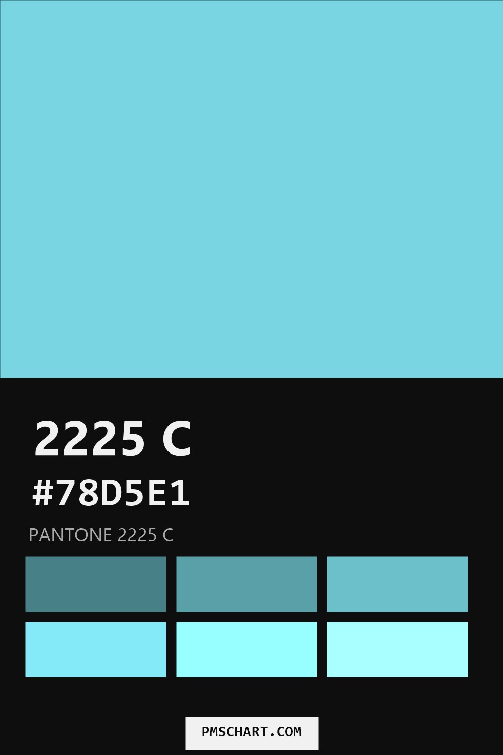 Pantone 2225 C color reference card (HEX #78D5E1) with six nearest Pantone matches