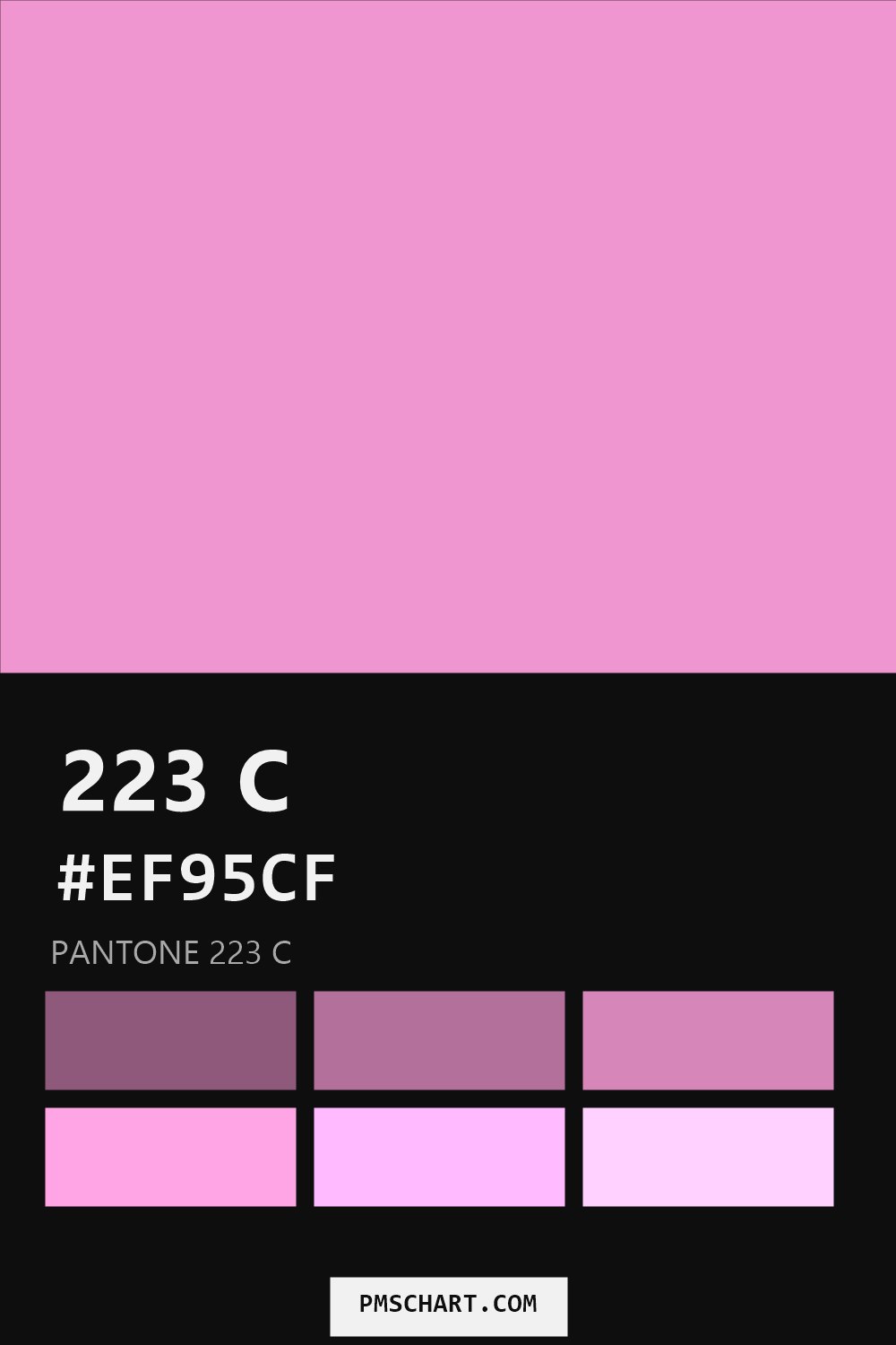 Pantone 223 C color reference card (HEX #EF95CF) with six nearest Pantone matches