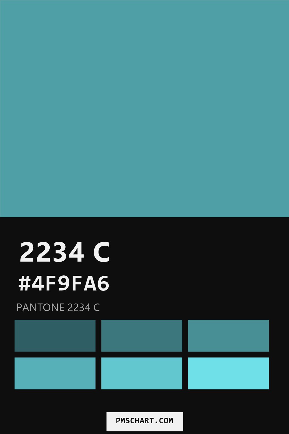 Pantone 2234 C color reference card (HEX #4F9FA6) with six nearest Pantone matches