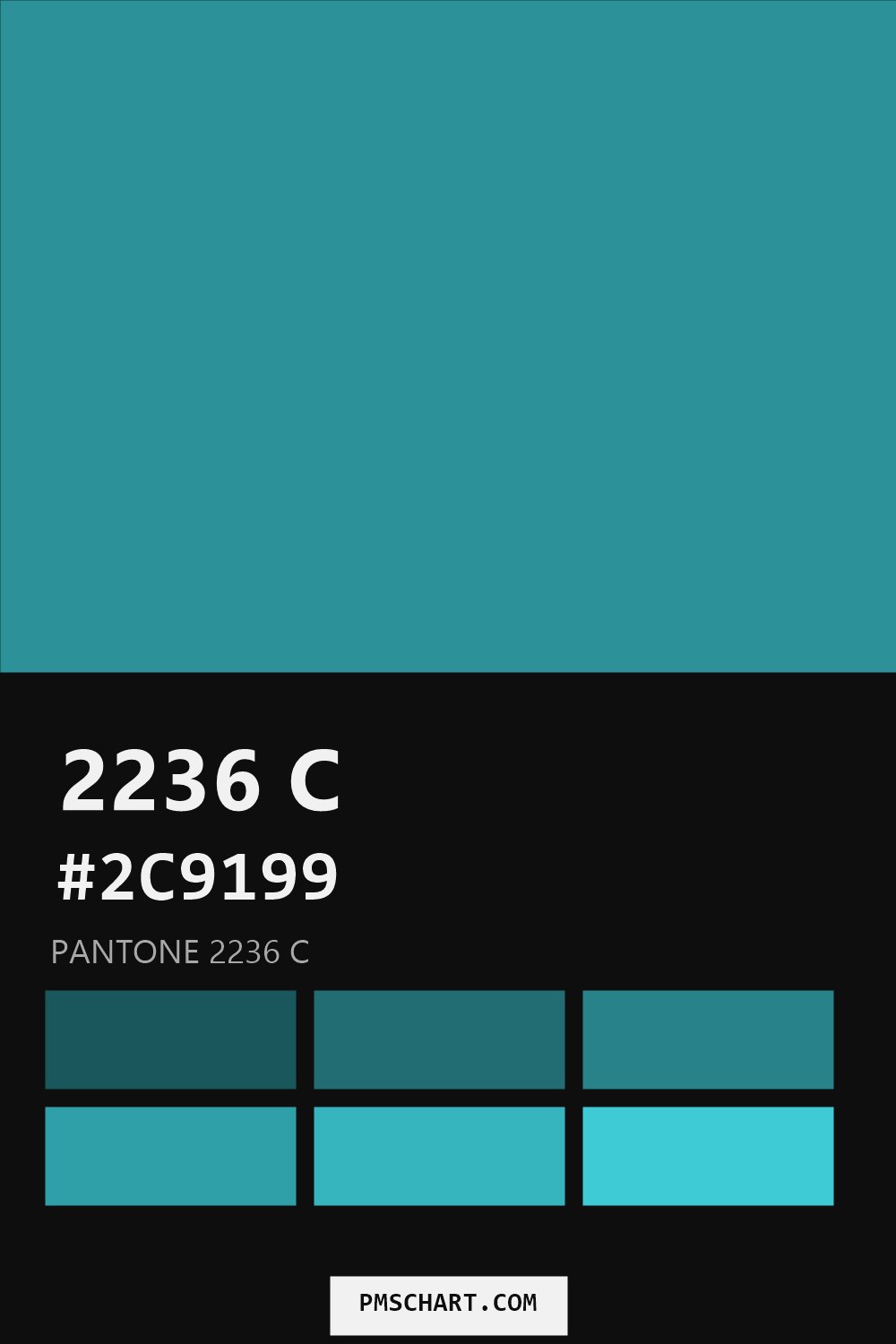 Pantone 2236 C color reference card (HEX #2C9199) with six nearest Pantone matches