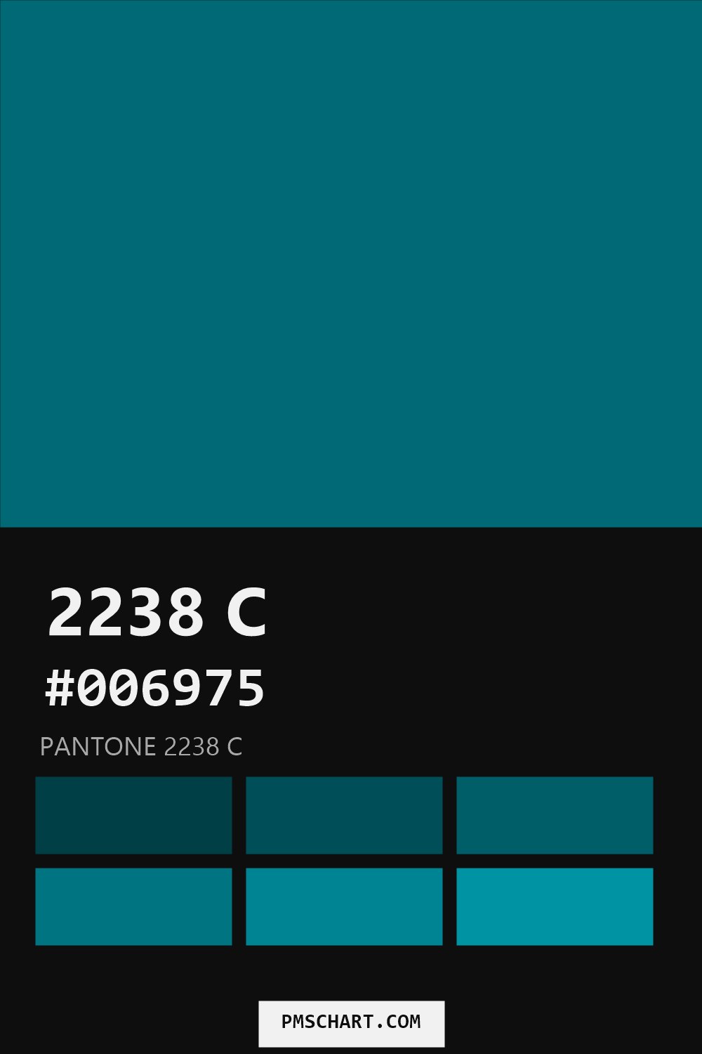Pantone 2238 C color reference card (HEX #006975) with six nearest Pantone matches