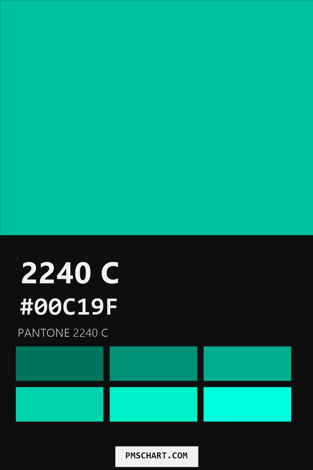 Pantone 2240 C color reference card (HEX #00C19F) with six nearest Pantone matches
