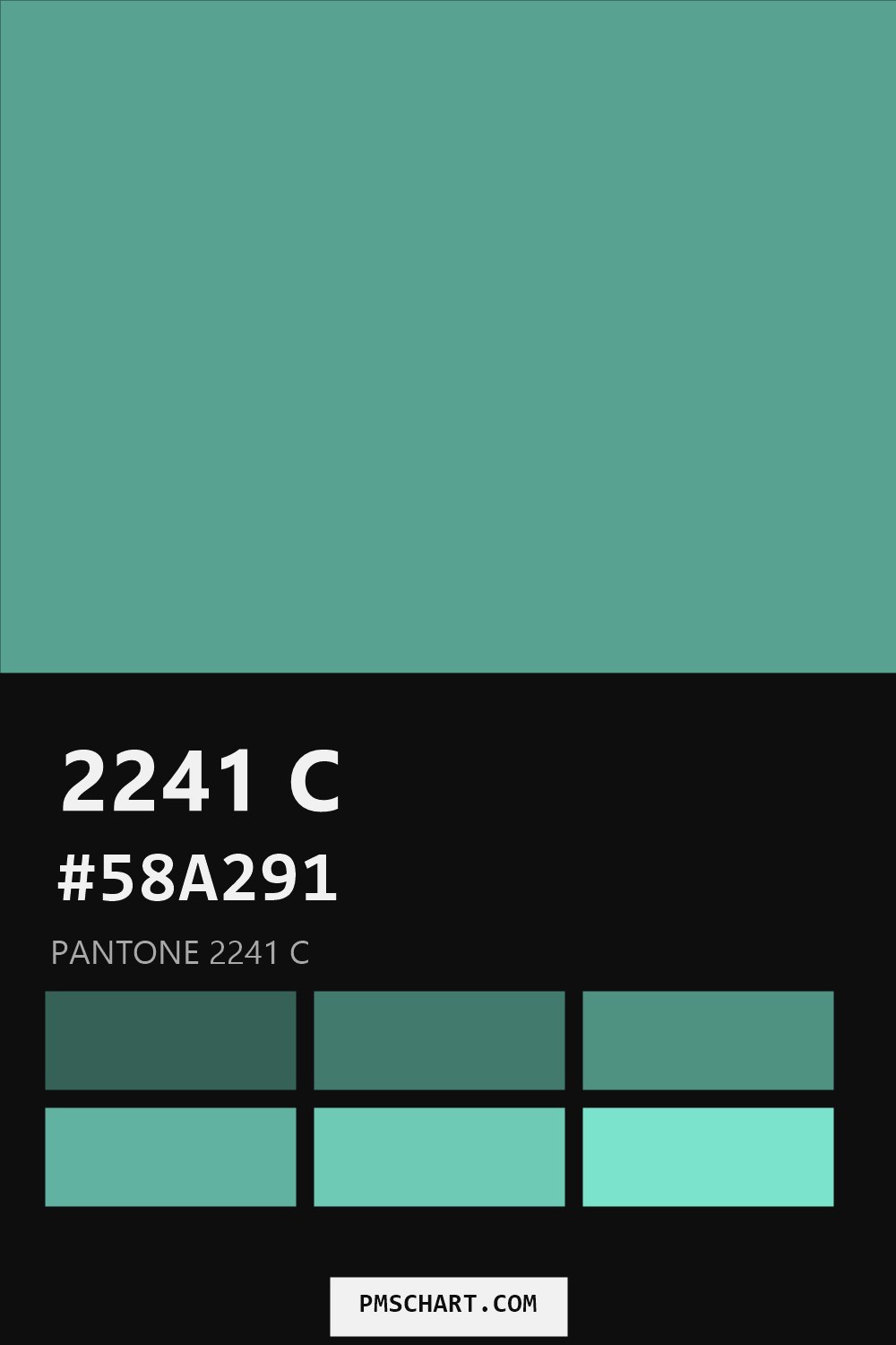 Pantone 2241 C color reference card (HEX #58A291) with six nearest Pantone matches
