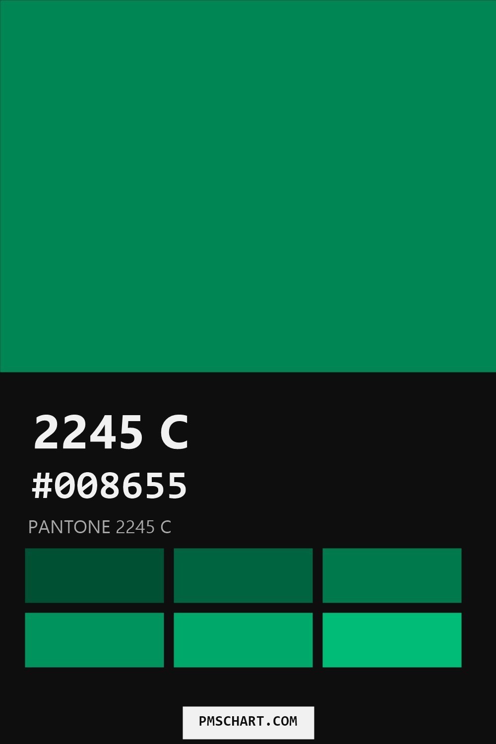 Pantone 2245 C color reference card (HEX #008655) with six nearest Pantone matches