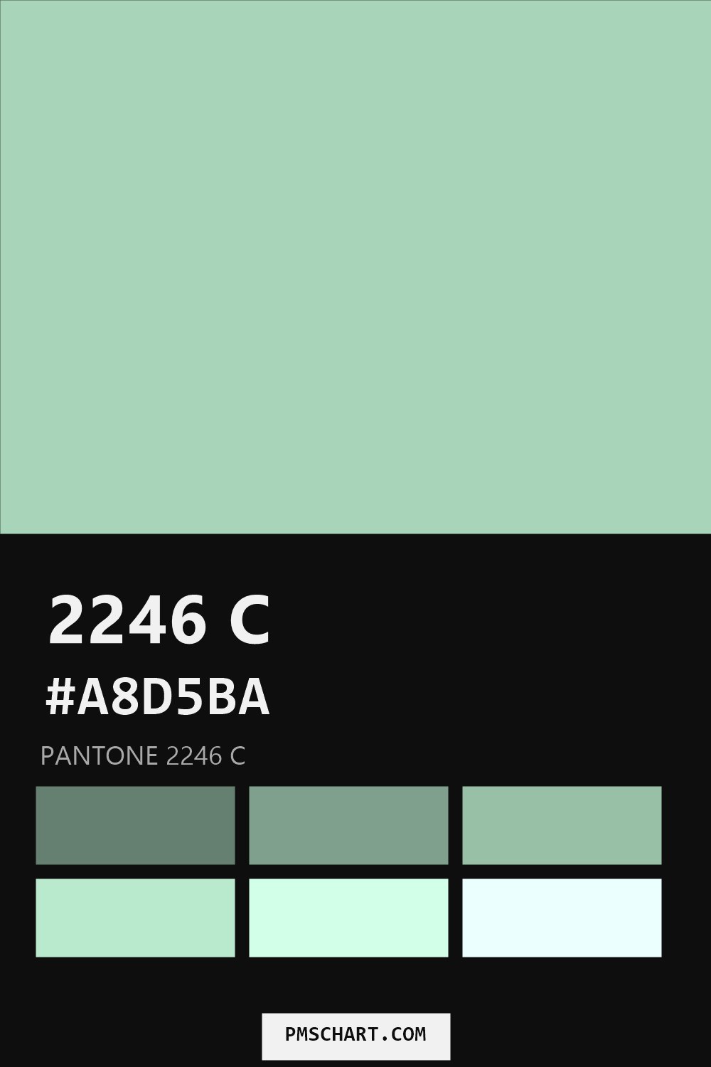Pantone 2246 C color reference card (HEX #A8D5BA) with six nearest Pantone matches