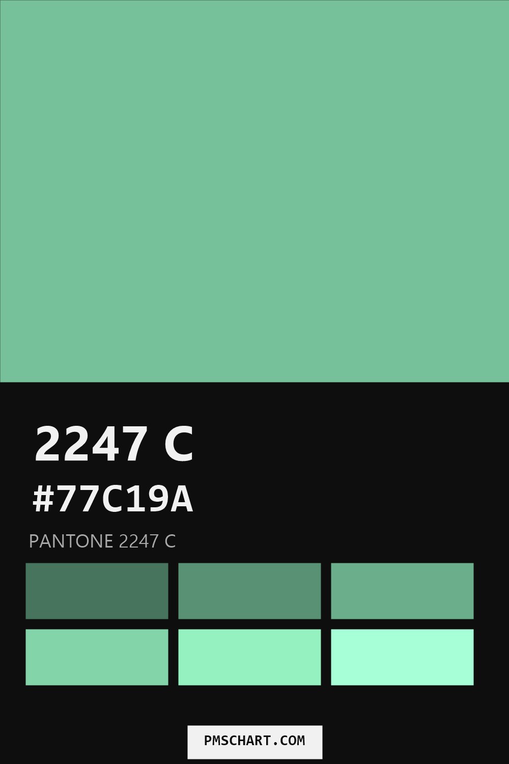 Pantone 2247 C color reference card (HEX #77C19A) with six nearest Pantone matches