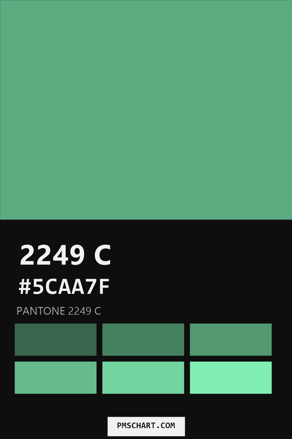 Pantone 2249 C color reference card (HEX #5CAA7F) with six nearest Pantone matches