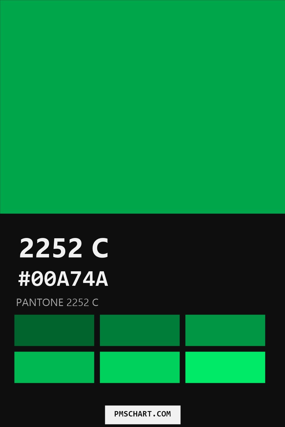 Pantone 2252 C color reference card (HEX #00A74A) with six nearest Pantone matches