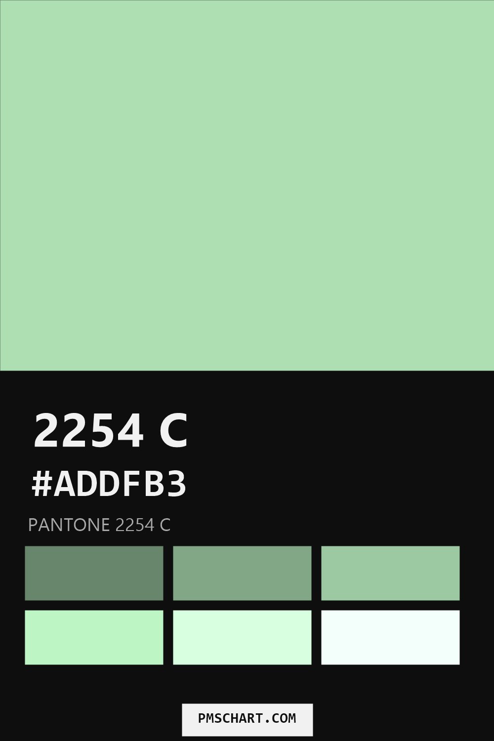 Pantone 2254 C color reference card (HEX #ADDFB3) with six nearest Pantone matches