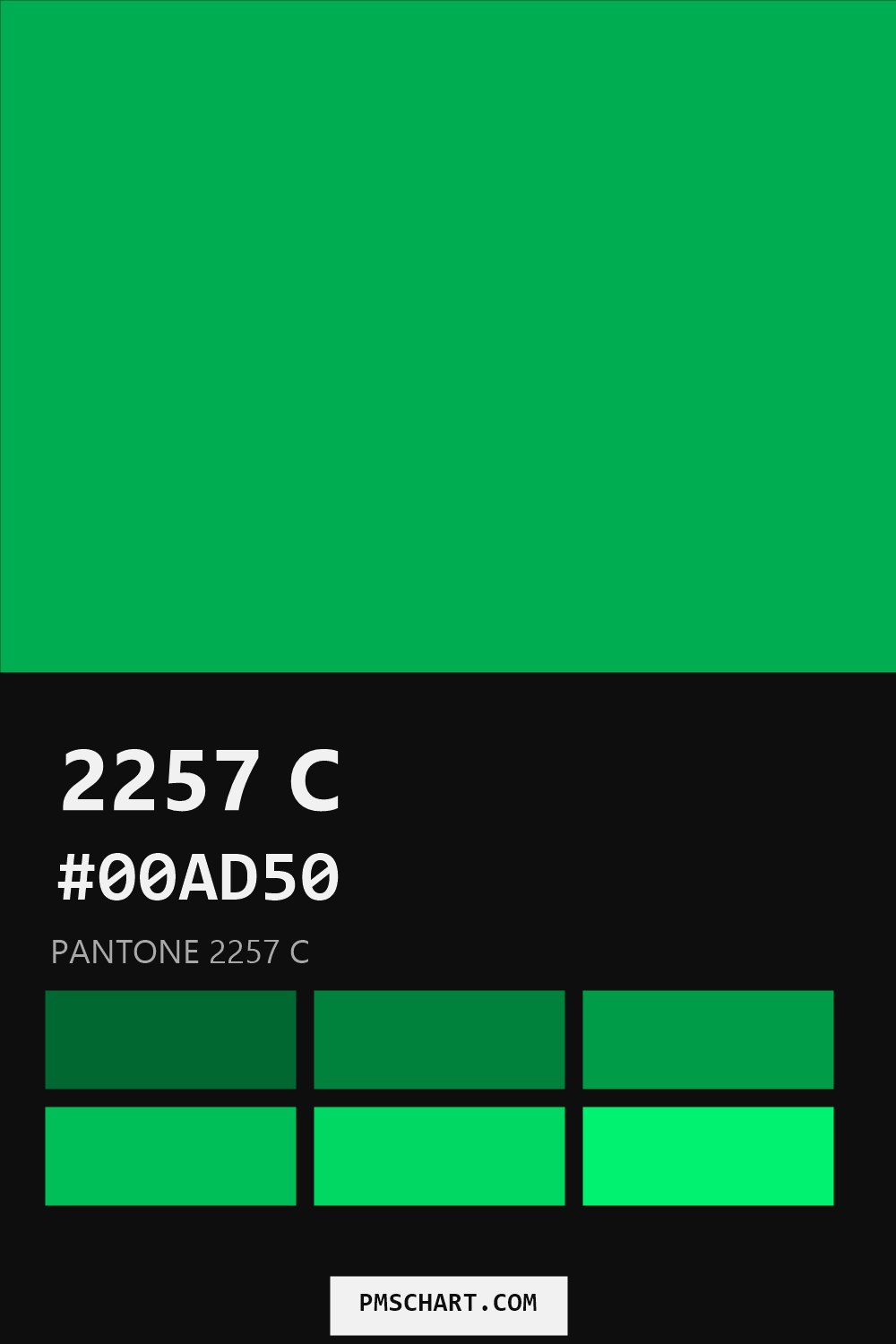 Pantone 2257 C color reference card (HEX #00AD50) with six nearest Pantone matches