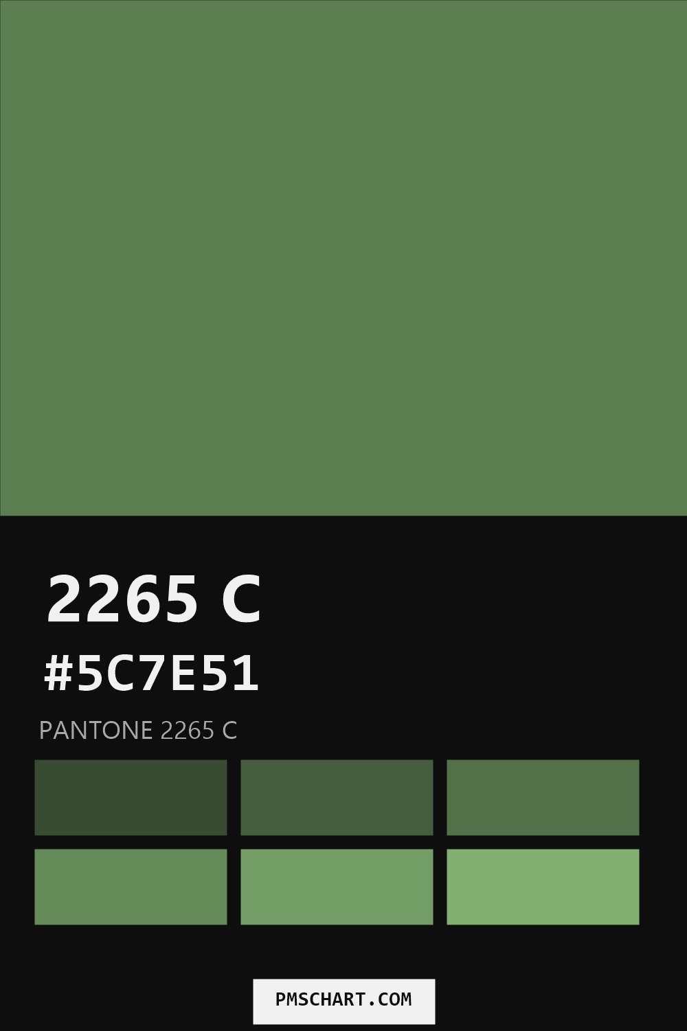 Pantone 2265 C color reference card (HEX #5C7E51) with six nearest Pantone matches