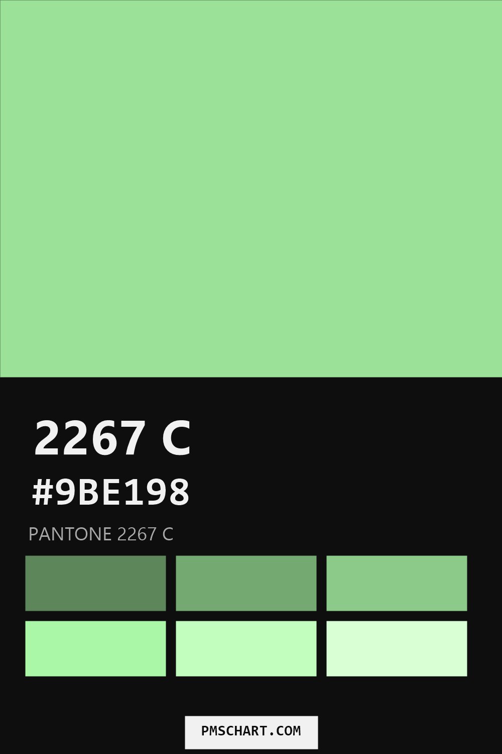 Pantone 2267 C color reference card (HEX #9BE198) with six nearest Pantone matches