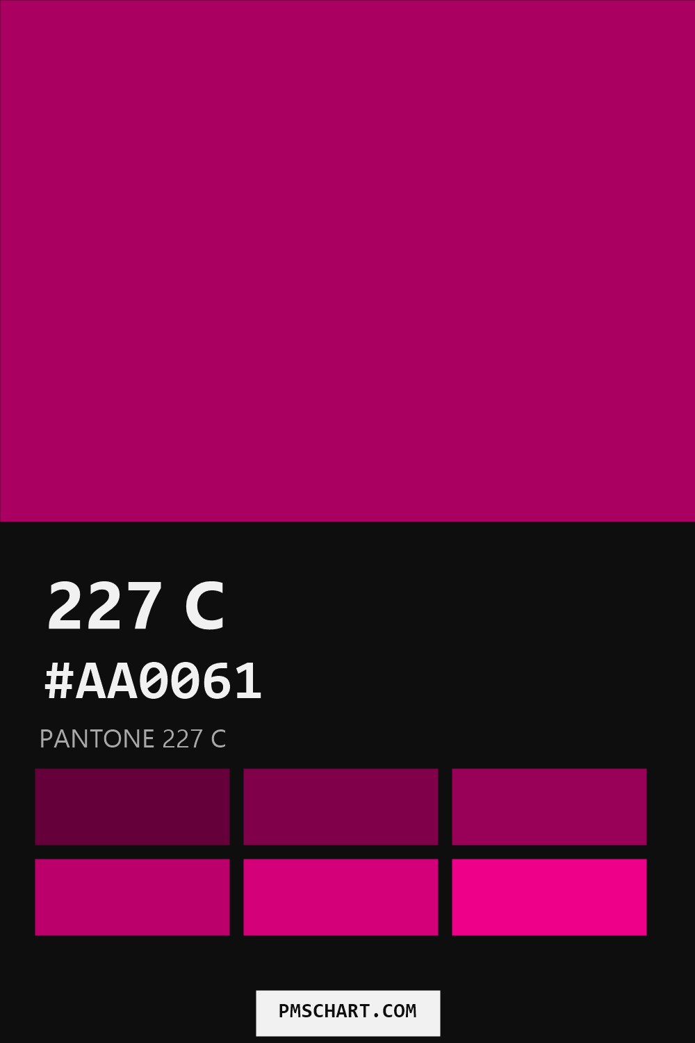 Pantone 227 C color reference card (HEX #AA0061) with six nearest Pantone matches