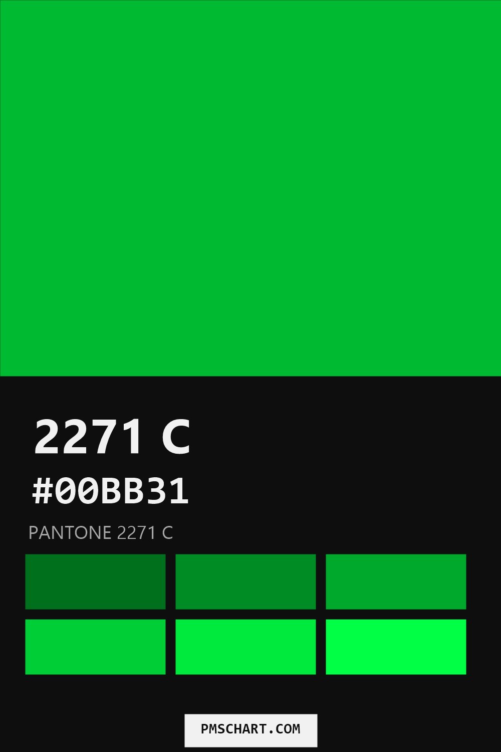 Pantone 2271 C color reference card (HEX #00BB31) with six nearest Pantone matches
