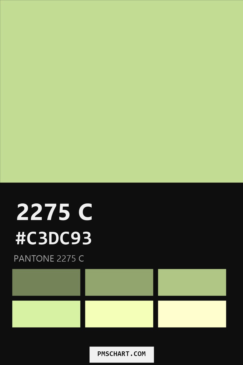 Pantone 2275 C color reference card (HEX #C3DC93) with six nearest Pantone matches