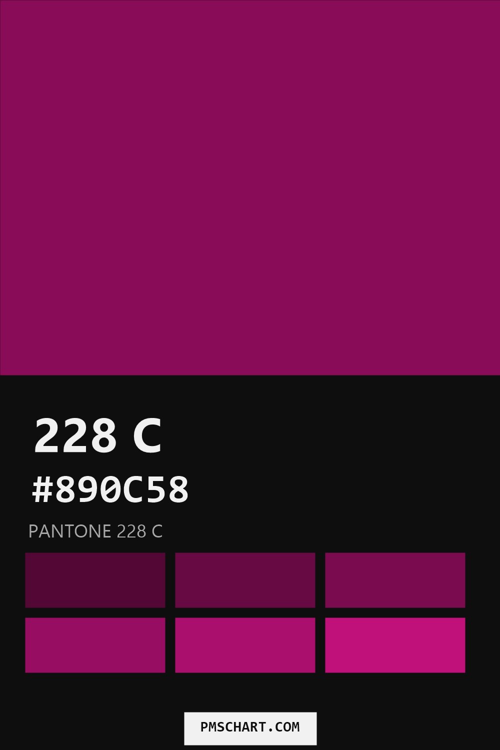 Pantone 228 C color reference card (HEX #890C58) with six nearest Pantone matches