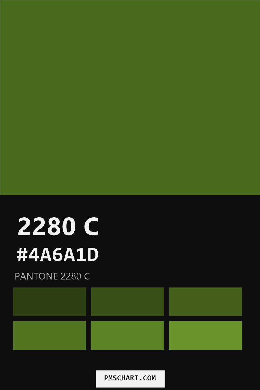 Pantone 2280 C color reference card (HEX #4A6A1D) with six nearest Pantone matches
