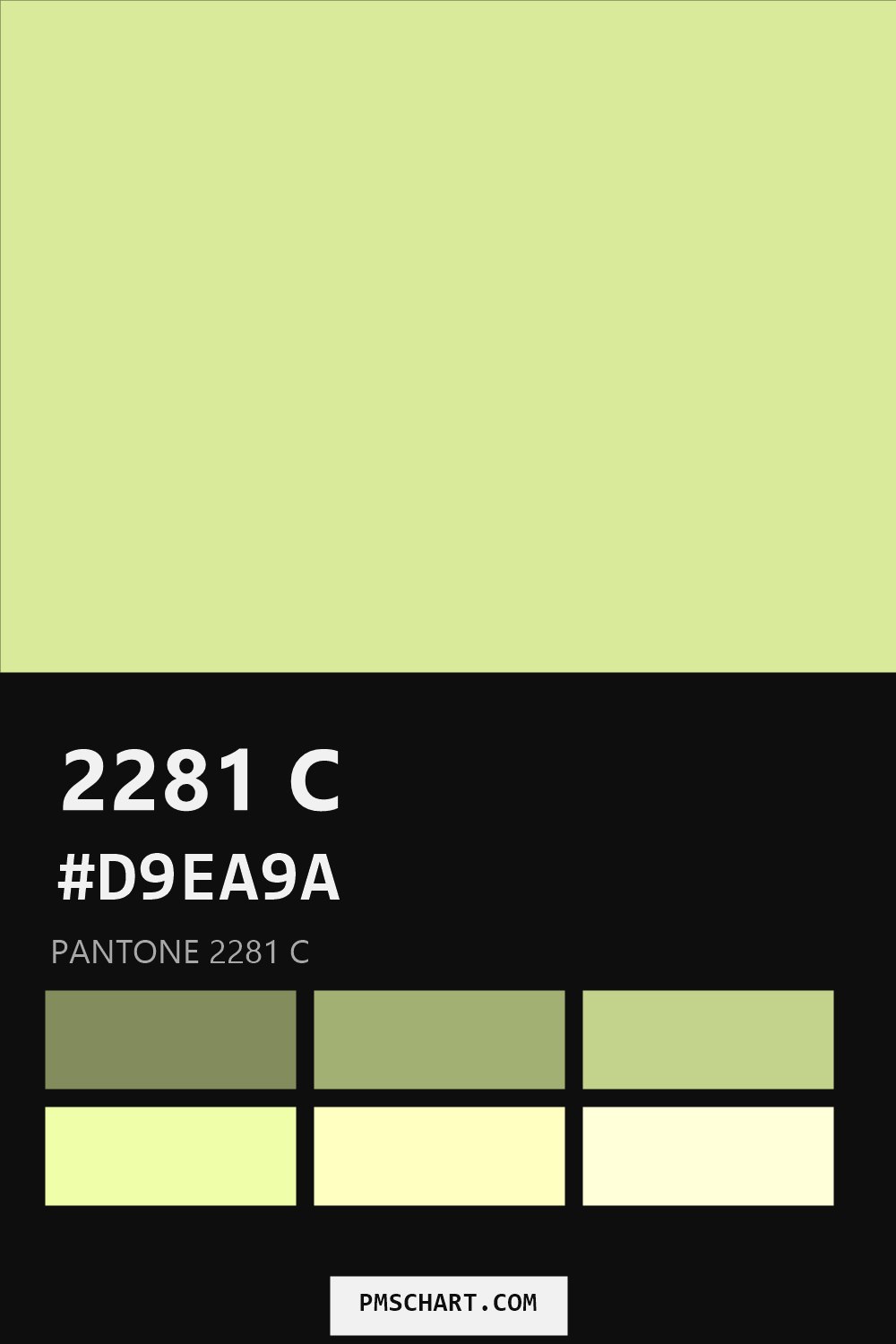 Pantone 2281 C color reference card (HEX #D9EA9A) with six nearest Pantone matches