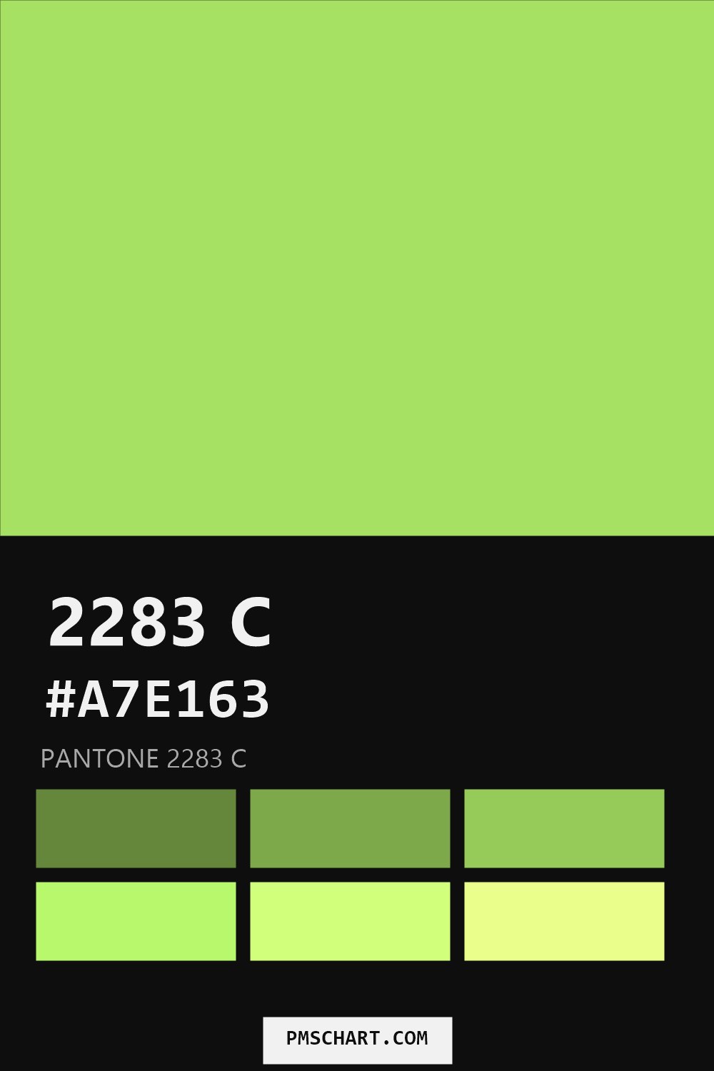 Pantone 2283 C color reference card (HEX #A7E163) with six nearest Pantone matches
