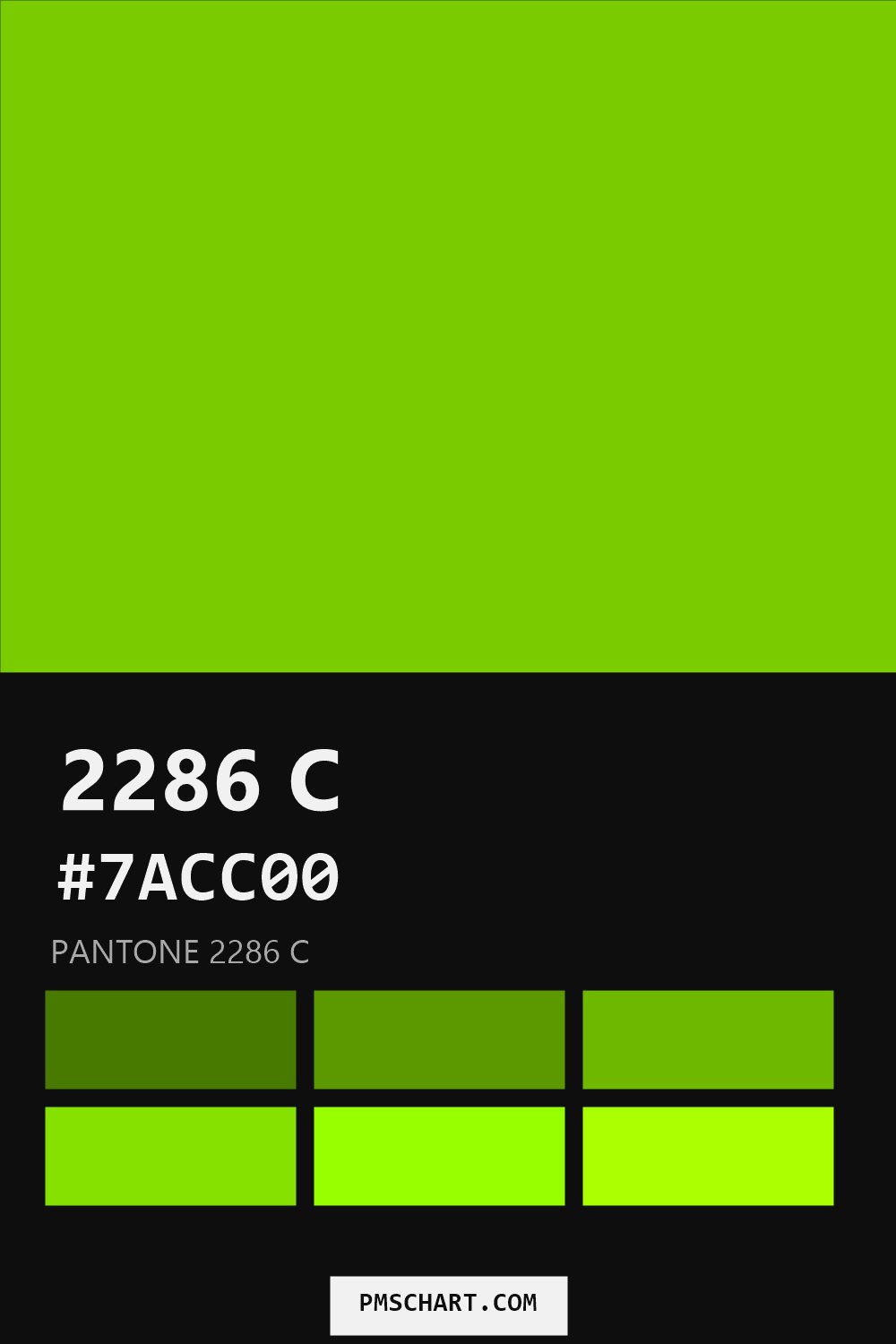 Pantone 2286 C color reference card (HEX #7ACC00) with six nearest Pantone matches