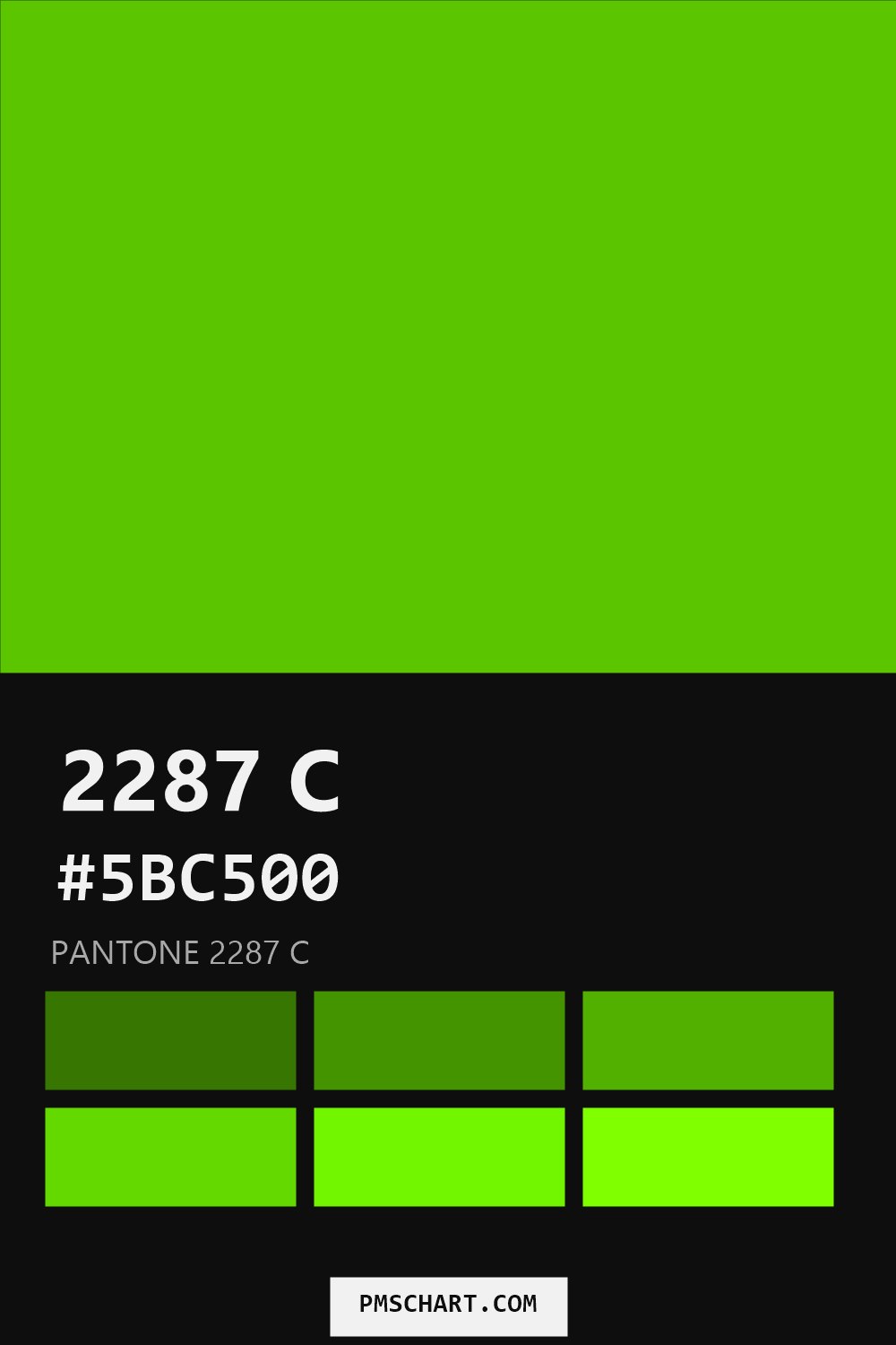 Pantone 2287 C color reference card (HEX #5BC500) with six nearest Pantone matches