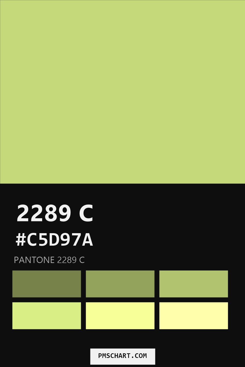 Pantone 2289 C color reference card (HEX #C5D97A) with six nearest Pantone matches