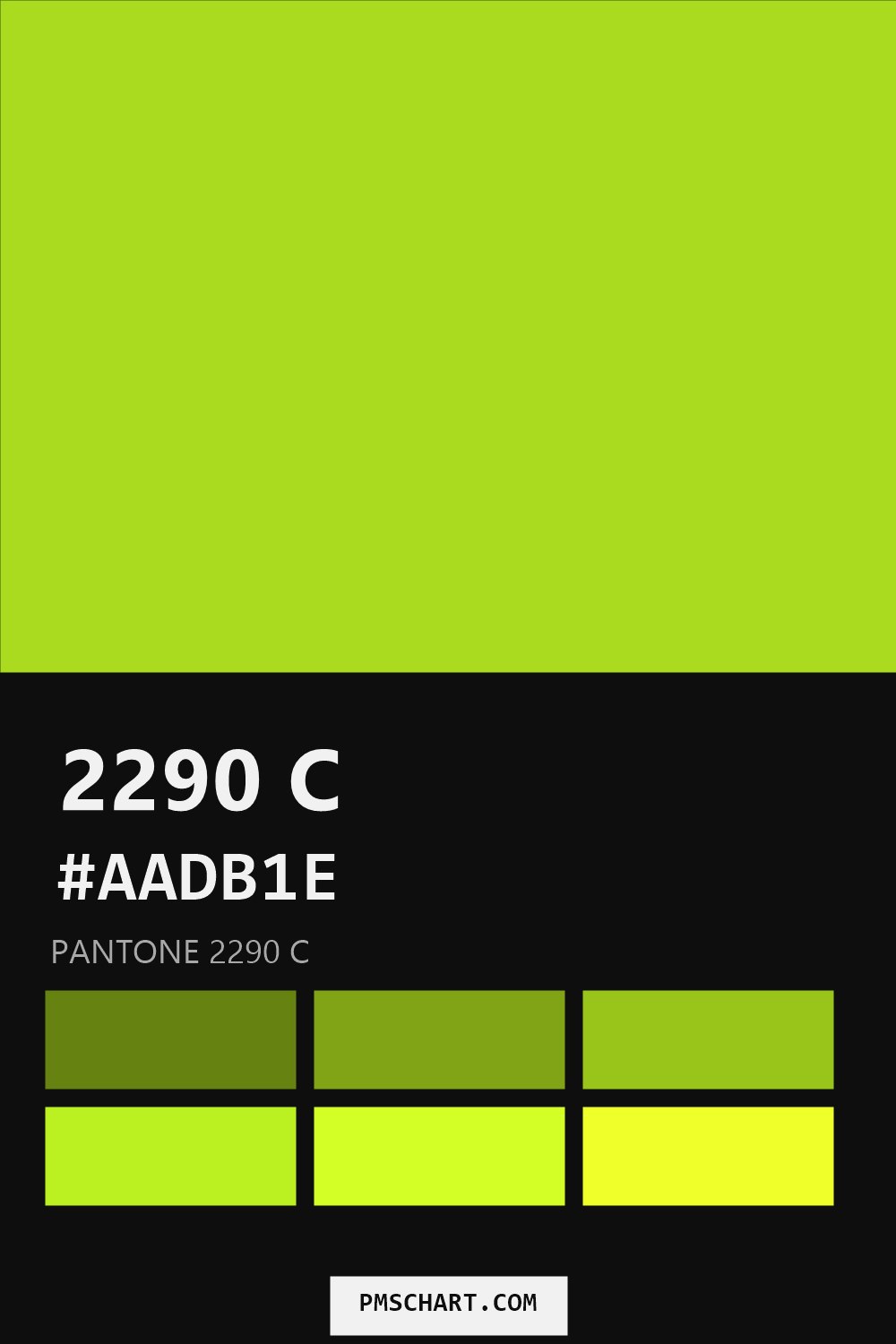 Pantone 2290 C color reference card (HEX #AADB1E) with six nearest Pantone matches