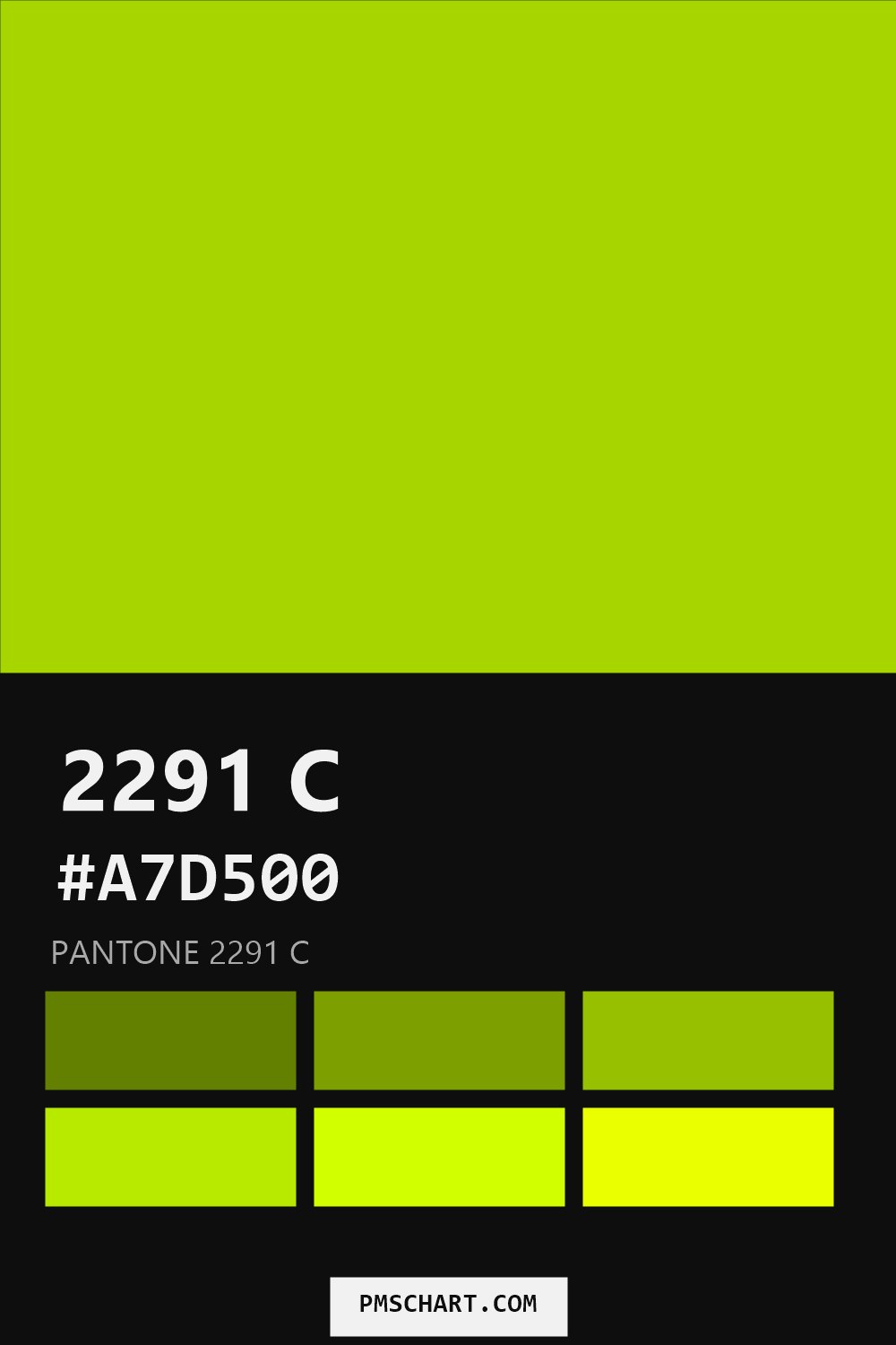 Pantone 2291 C color reference card (HEX #A7D500) with six nearest Pantone matches