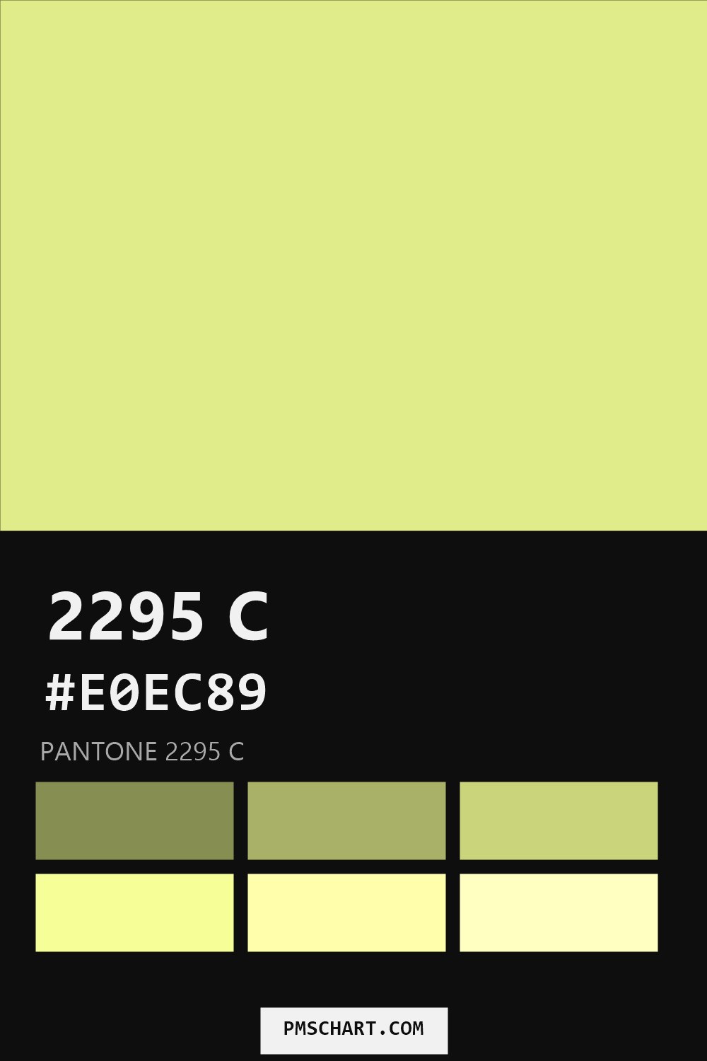 Pantone 2295 C color reference card (HEX #E0EC89) with six nearest Pantone matches