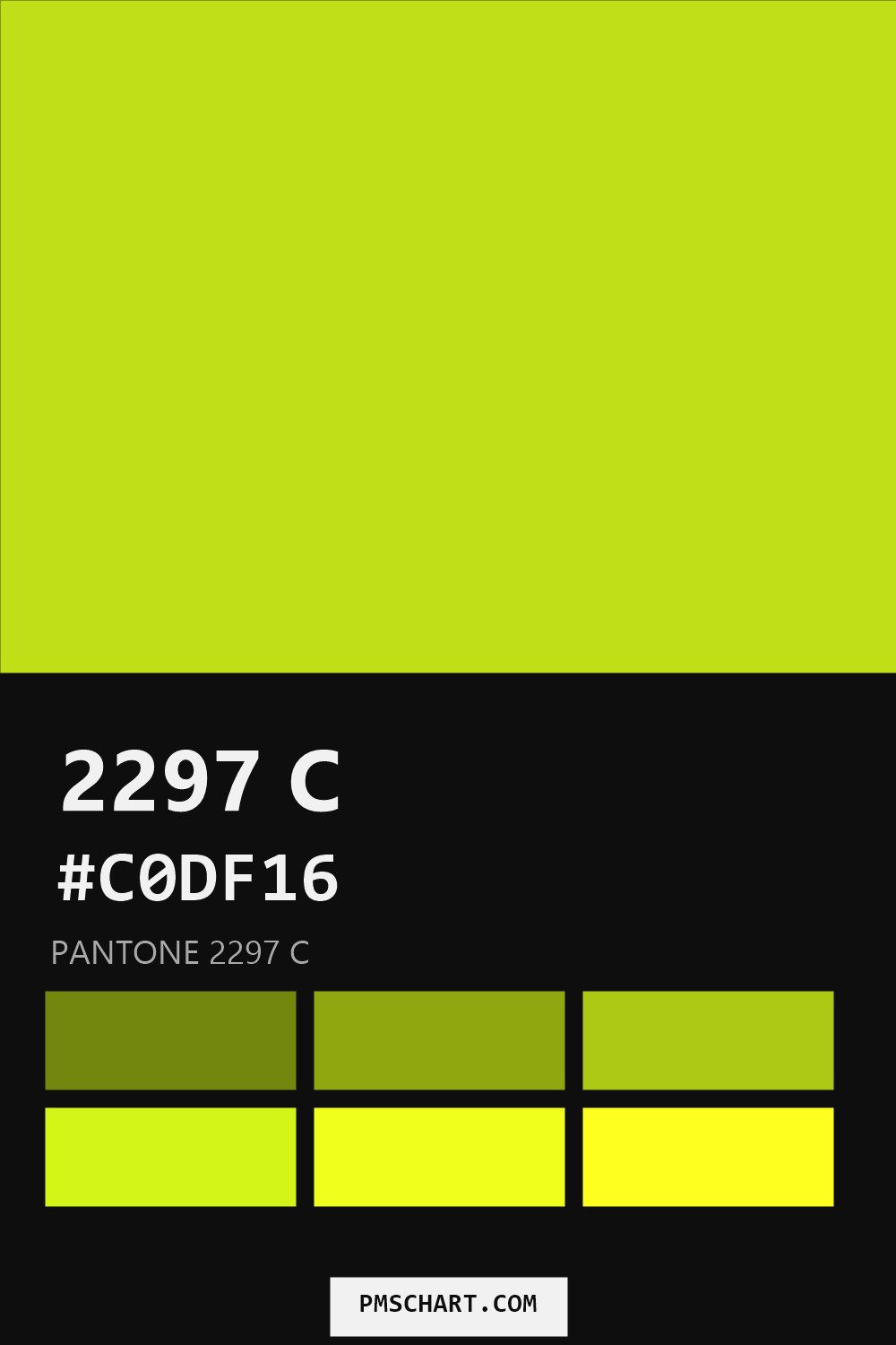Pantone 2297 C color reference card (HEX #C0DF16) with six nearest Pantone matches