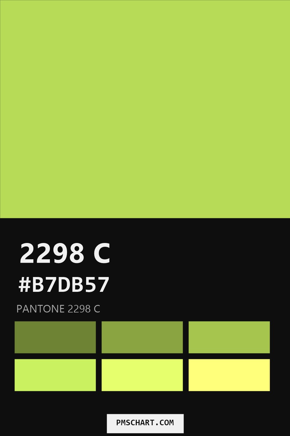 Pantone 2298 C color reference card (HEX #B7DB57) with six nearest Pantone matches