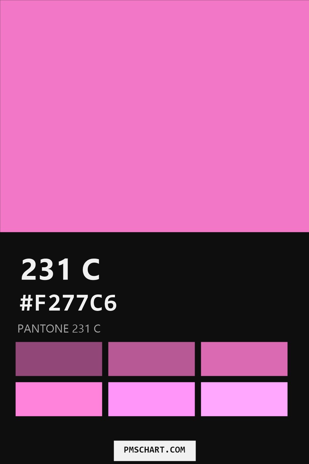 Pantone 231 C color reference card (HEX #F277C6) with six nearest Pantone matches