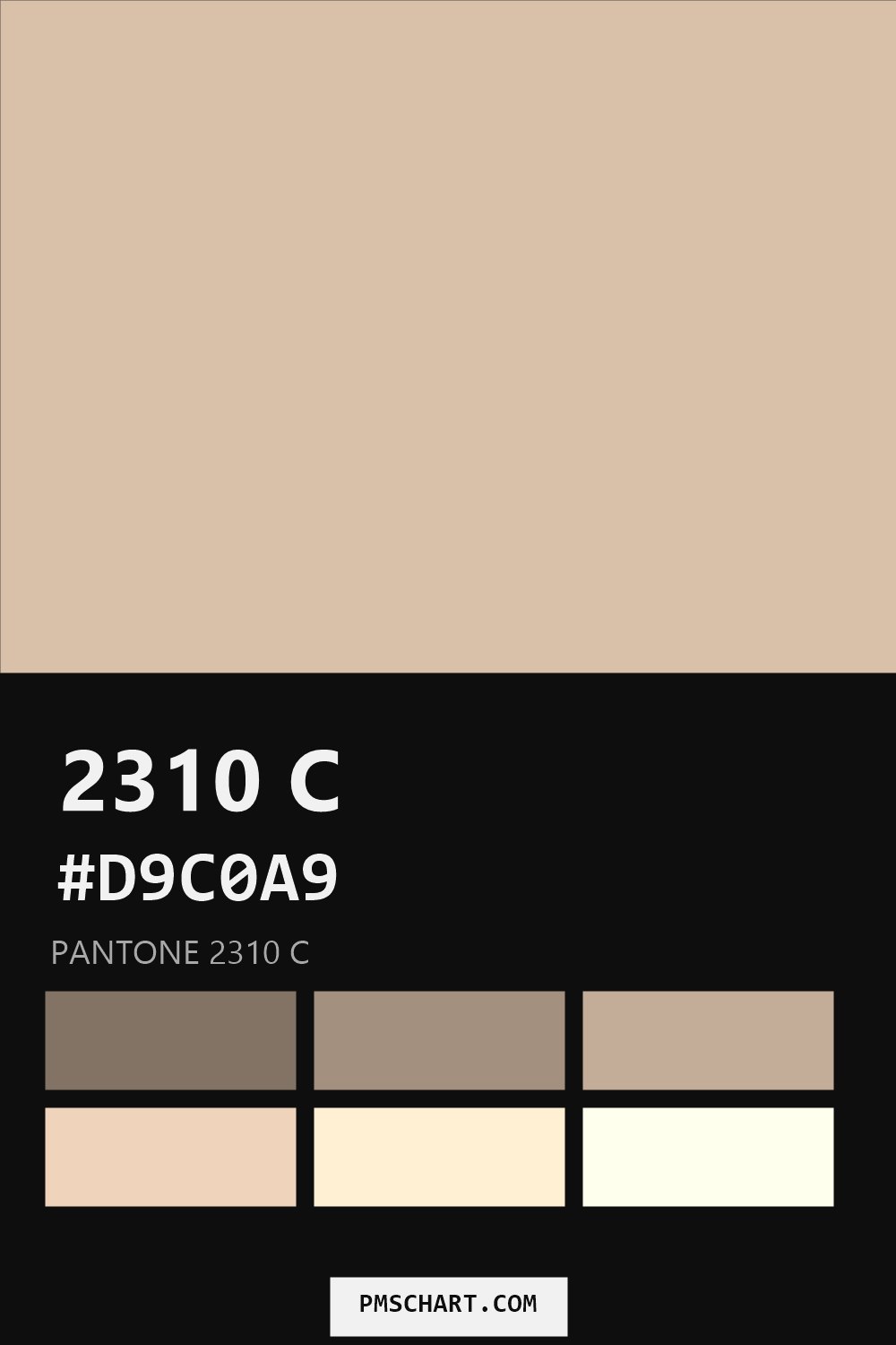 Pantone 2310 C color reference card (HEX #D9C0A9) with six nearest Pantone matches