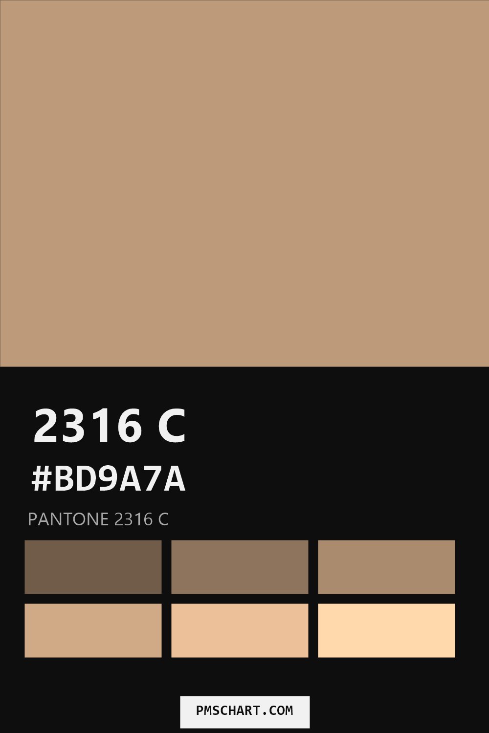 Pantone 2316 C color reference card (HEX #BD9A7A) with six nearest Pantone matches